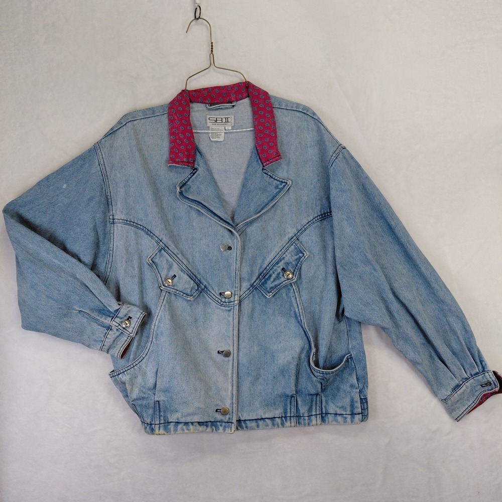 Vtg SBII Light Wash Denim Jacket Womens L Pink Paisley Collar Western 80s 90s